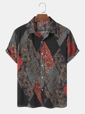 Mens Vintage Plants Print Color Block Short Sleeve Shirts