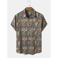 Mens Vintage Geometric Pattern Button Up Short Sleeve Shirts