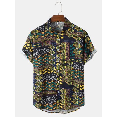 Mens Vintage Plants Print Button Front Short Sleeve Shirts