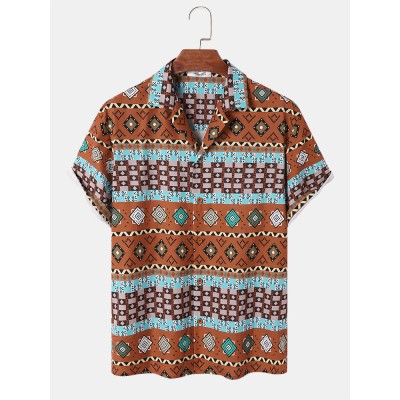 Mens Vintage Geometric Print Revere Collar Short Sleeve Shirts