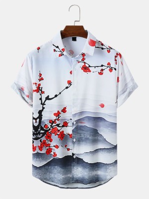 Mens Wash Painting Print Buttons Short Sleeve Shirts