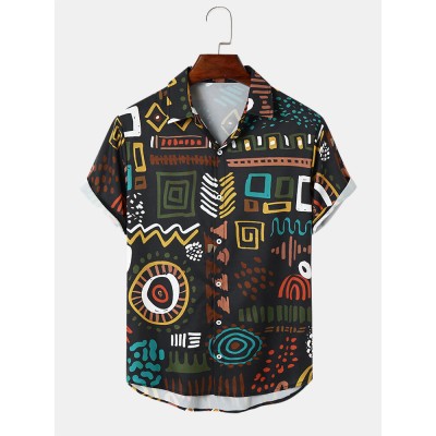 Mens Vintage Tribal Print Short Sleeve Front Buttons Shirts